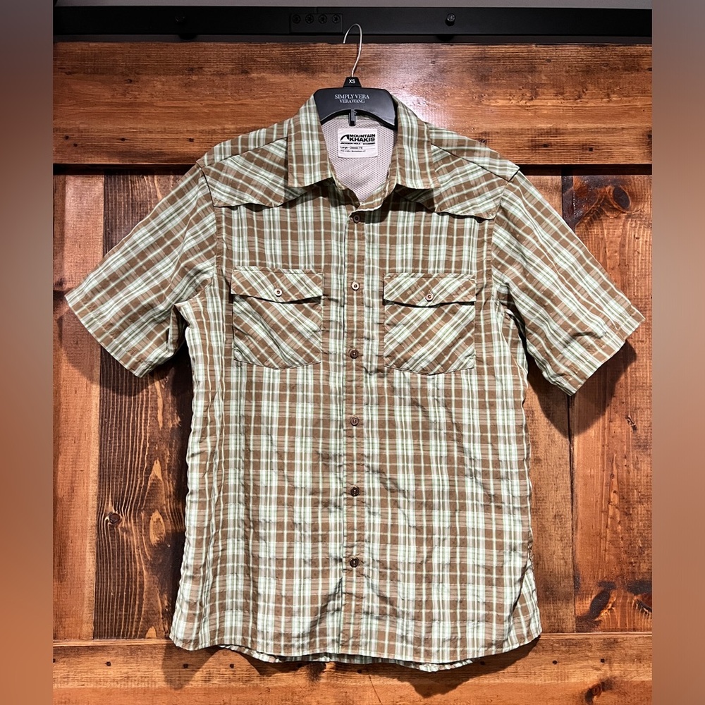 Mountain Khakis Men's Short Sleeve Plaid Button-Down Shirt in Brown and Cream